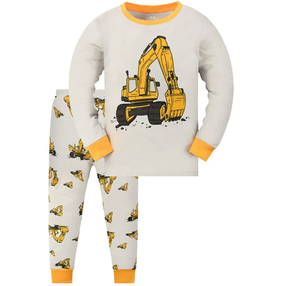 WIBACKER 2-9 Years Boys and Toddlers' Snug-Fit Cotton Pajamas Long Sleeve Sleepwear Sets, Excavator 2T