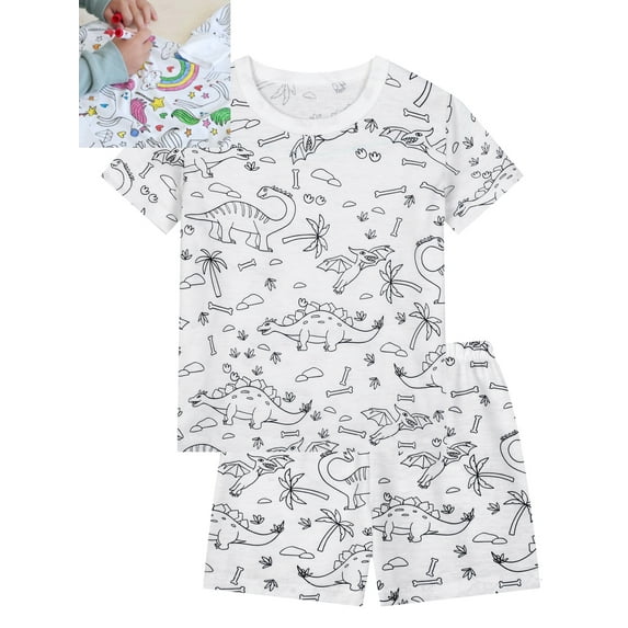 WIBACKER 2-9T Funny DIY Painted Pajamas for Boys Dinosaur Summer Short Sleeve PJ Set You Can Color With Markers