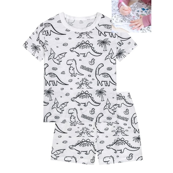 WIBACKER 2-9T Funny DIY Painted Pajamas for Girls Dinosaur Summer Short Sleeve PJ Set You Can Color With Markers