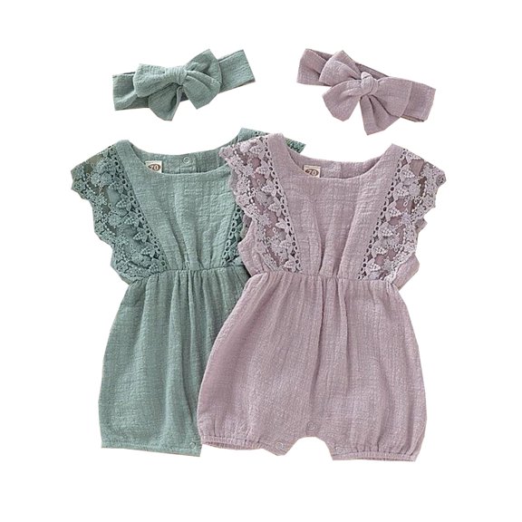 WIBACKER 2-Pack Newborn Baby Girls Romper Toddler Thin Lace Outfit Summer Clothes with Headband