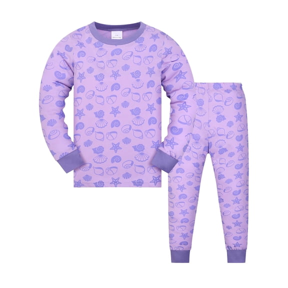 WIBACKER 2 Piece Pajamas Set Cotton Toddler Girls Snug Fit Pjs Kids Long Sleeve Top & Pants Nightwear Sets, Shell, 6-7 Years