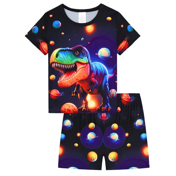 WIBACKER 2-Piece Summer Pajamas for Kids Boys Dinosaur Short Sleeves Tee and Shorts Toddler Cool PJs Set Size 3-12Y