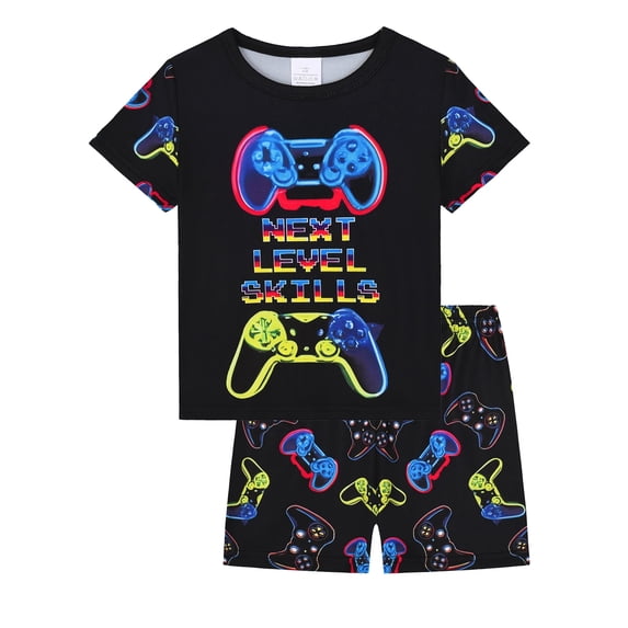 WIBACKER 2-Piece Summer Pajamas for Kids Boys Game Console Short Sleeves Tee and Shorts Toddler Cool PJs Set Size 3-12Y