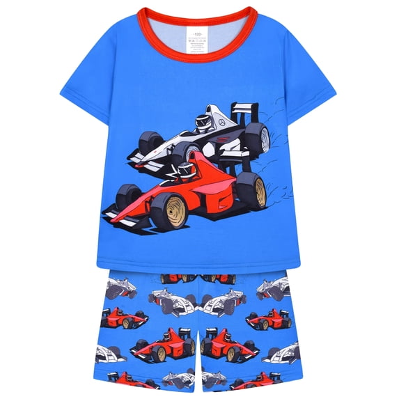 WIBACKER 2-Piece Summer Pajamas for Kids Boys Race Car Short Sleeve Tee and Shorts Toddler Cool PJs Set Size 3-12Y