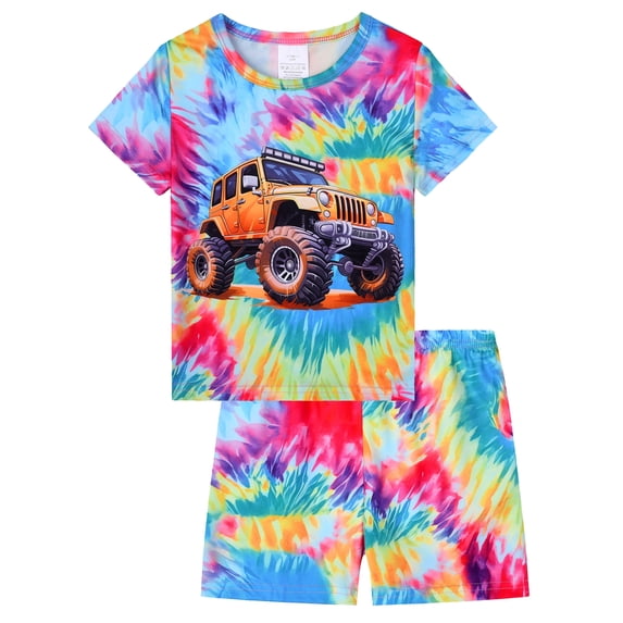 WIBACKER 2-Piece Summer Pajamas for Kids Boys Truck Short Sleeves Tee and Shorts Toddler Cool PJs Set Size 3-12Y