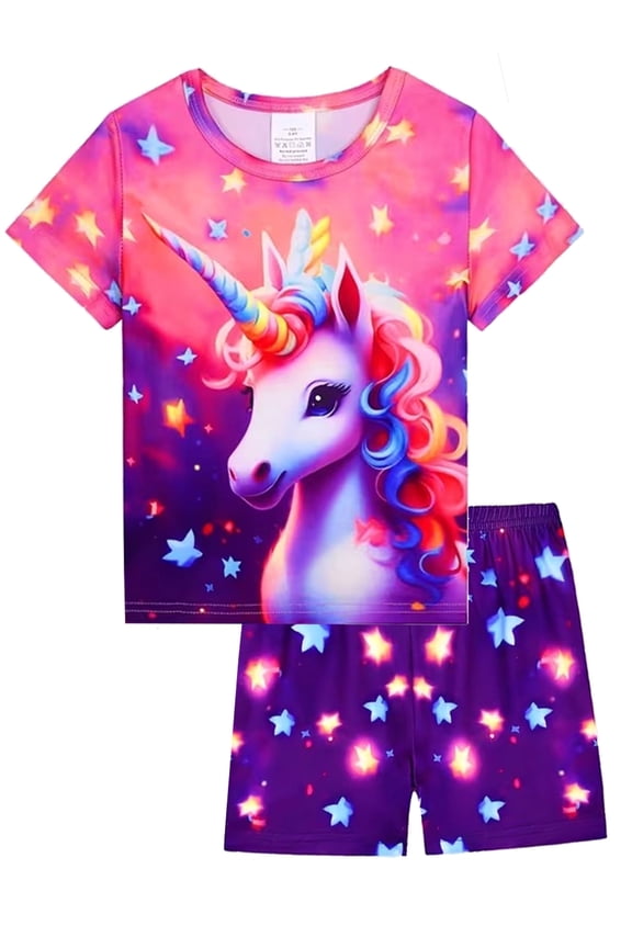 2-Piece Summer Pajamas for Kids Girls Stars Unicorn Short Sleeves Tee and Shorts Toddler Cool PJs Set Size 3-12Y