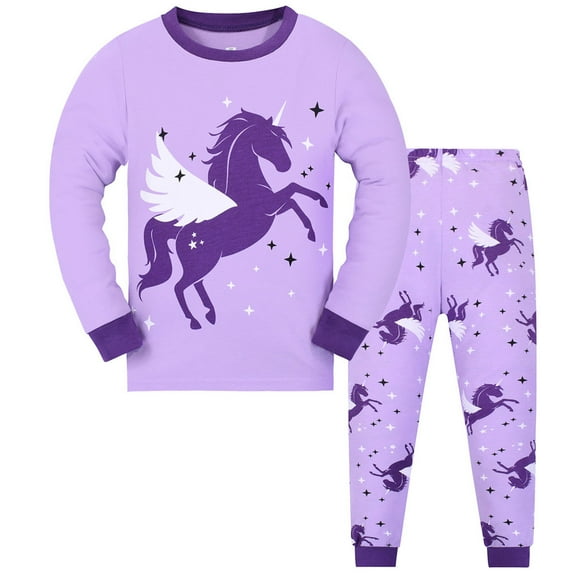 WIBACKER 2-Piece Unicorn Pajama Set for Girls 2-9Y Kids Sleepwear Long Sleeve Tops and Pants Cotton Pjs