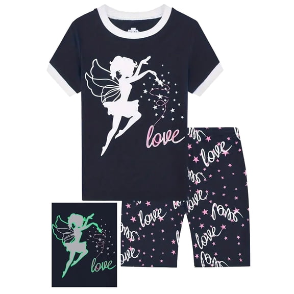WIBACKER 2 Pieces Little Girls Glow in the Dark Pajamas Summer Short Sets Dancing Girl Sleepwear Cotton Toddler Pjs Size 2-9 Years