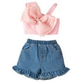thumbnail image 1 of WIBACKER 2Pcs Toddler Girl Summer Outfits One Shoulder Strap Croped Tank Top with Luxury Organza Bowknot and Jeans Shorts, 1 of 11