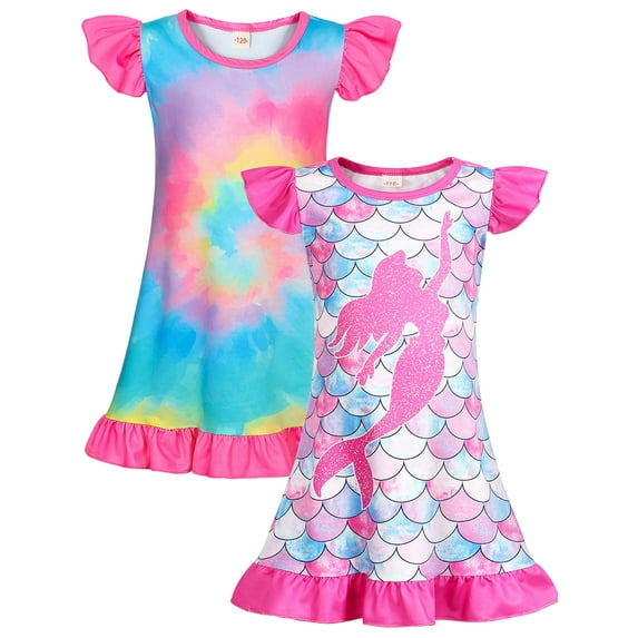WIBACKER 2Pcs Toddler Girls Nightgowns 3-9 Years Short Sleeves Nightdress Little Kids Sleepwear Mermaid Pajamas