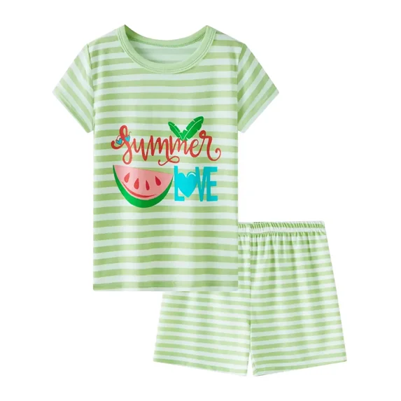 WIBACKER 3-10T Summer Short Sleeve Pajamas Set for Big Girls Striped PJS Cute Jammies Set - Green Watermelon
