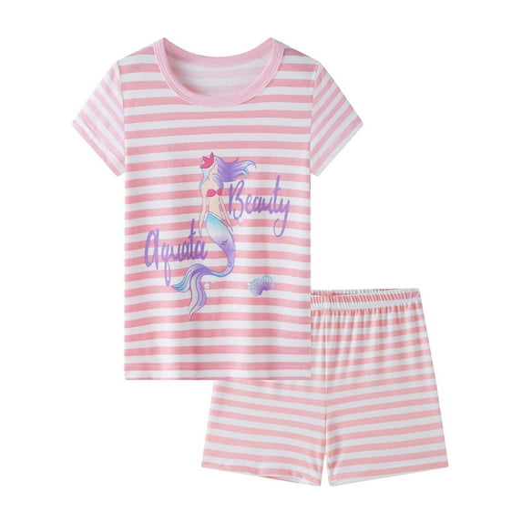 WIBACKER 3-10T Summer Short Sleeve Pajamas Set for Little Girls Striped PJS Cute Jammies Set - Pink Mermaid