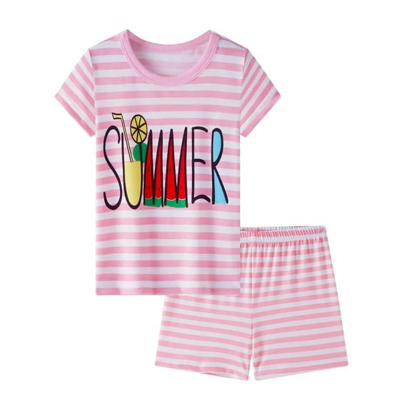 WIBACKER 3-10T Summer Short Sleeve Pajamas Set for Little Girls Striped PJS Cute Jammies Set - Pink Summer Letters
