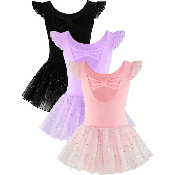 WIBACKER 3-10Y Girls Ruffle Sleeve Ballet Dance Dress Bowknot Back Tutu Skirted Leotards Ballerina Outfits for Kids