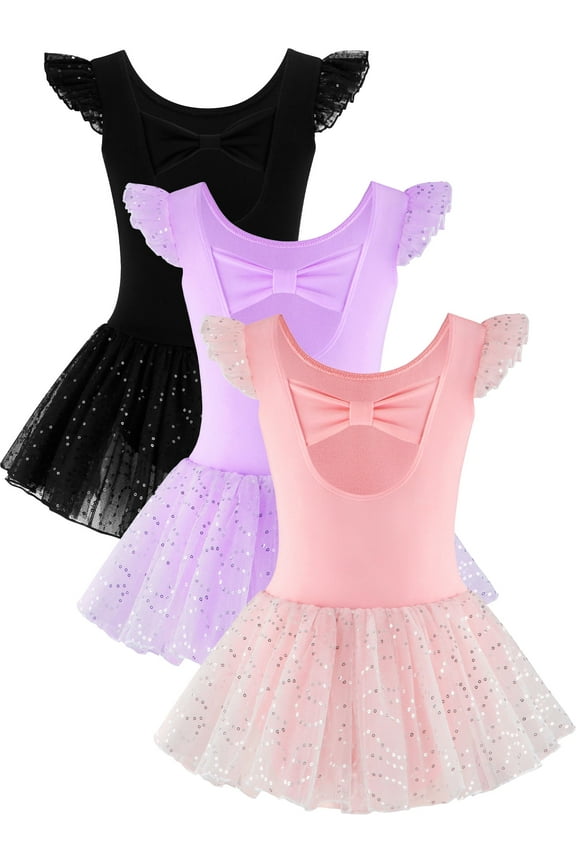 3-10Y Girls Ruffle Sleeve Ballet Dance Dress Bowknot Back Tutu Skirted Leotards Ballerina Outfits for Kids
