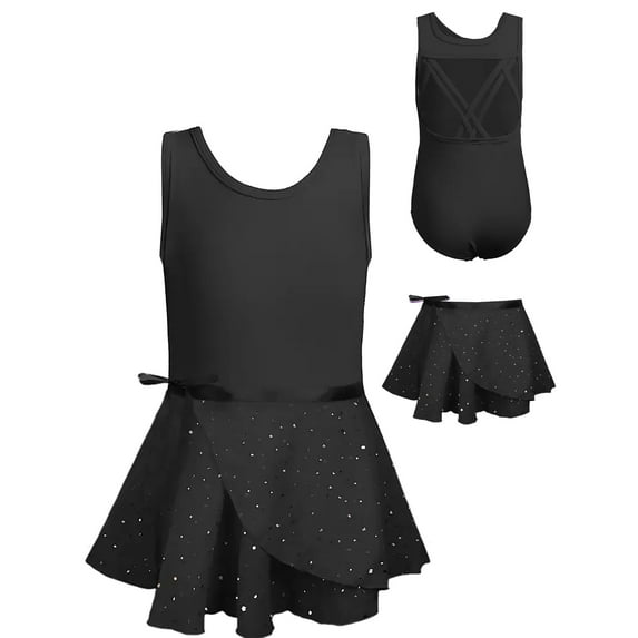 WIBACKER 3-10Y Kid Girls Sparkly Dance Leotard with Skirt Hi-Low Shiny Ballet Dance Dresses Gymnastics Suit