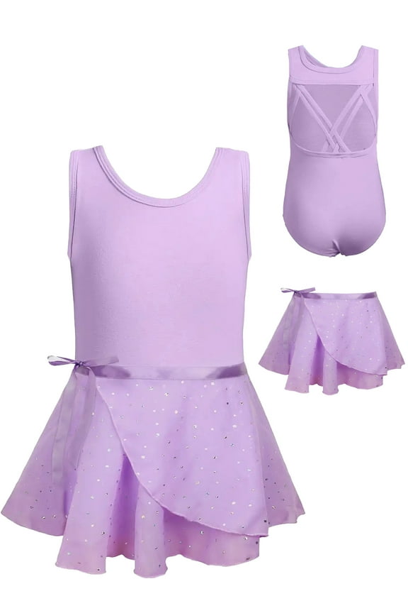 3-10Y Kid Girls Sparkly Dance Leotard with Skirt Hi-Low Shiny Ballet Dance Dresses Gymnastics Suit