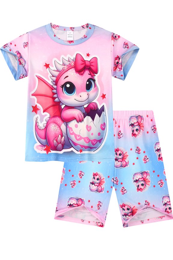 3-10Y Short Sleeve Pajamas Set for Kids Girls Pink Dinosaur Shirt and Shorts 2pcs Summer Sleepwear Pjs