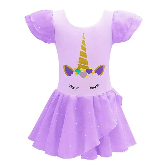 WIBACKER 3-10Y Unicorn Ballet Leotards for Kids Girls with Skirt Toddler Dance Dresses Flutter Sleeve Dancewear