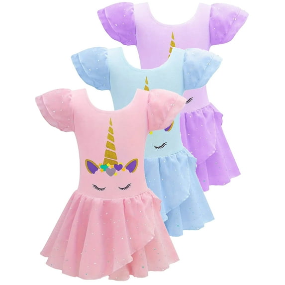 WIBACKER 3-10Y Unicorn Ballet Leotards for Kids Girls with Skirt Toddler Dance Dresses Flutter Sleeve Dancewear