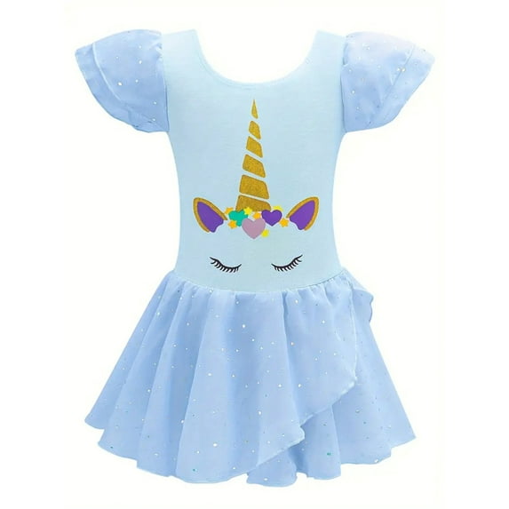 WIBACKER 3-10Y Unicorn Ballet Leotards for Kids Girls with Skirt Toddler Dance Dresses Flutter Sleeve Dancewear