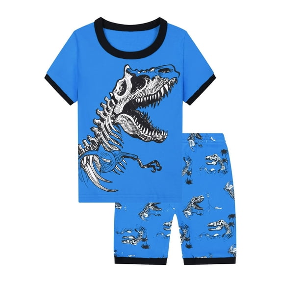 WIBACKER 3-12Y Big Boys Blue 2-Piece Dinosaur Pajamas 100% Cotton Sleepwear Sets