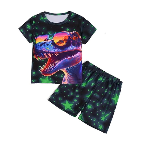 WIBACKER 3-12Y Boys 2-Piece Pajamas 3D Dinosaur Printed Short Sleeve Cool Summer PJ Set Kids Sleepwear