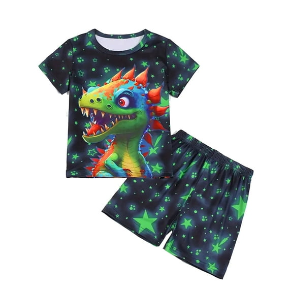 WIBACKER 3-12Y Boys 2-Piece Pajamas 3D Dinosaur Printed Short Sleeve Cool Summer PJ Set Kids Sleepwear