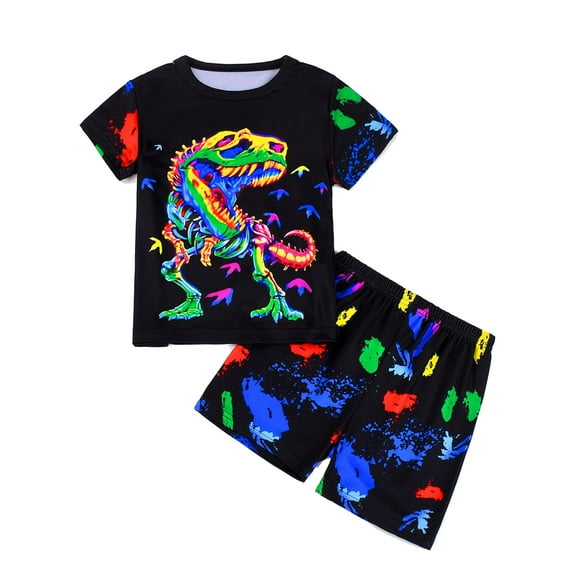 WIBACKER 3-12Y Boys 2-Piece Pajamas 3D Dinosaur Printed Short Sleeve Cool Summer PJ Set Kids Sleepwear