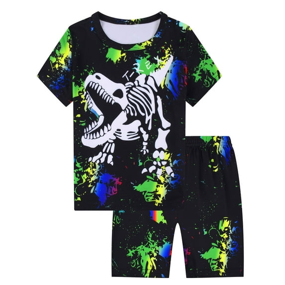 WIBACKER 3-12Y Boys 2-Piece Pajamas 3D Dinosaur Printed Short Sleeve Cool Summer PJ Set Kids Sleepwear