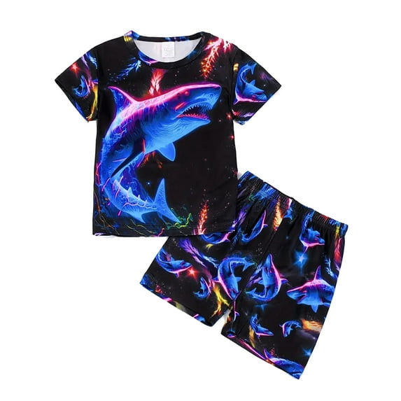 WIBACKER 3-12Y Boys 2-Piece Pajamas 3D Shark Printed Short Sleeve Cool Summer PJ Set Kids Sleepwear