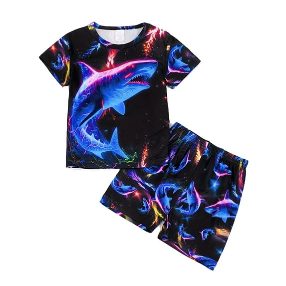 WIBACKER 3-12Y Boys 2-Piece Pajamas 3D Shark Printed Short Sleeve Cool Summer PJ Set Kids Sleepwear