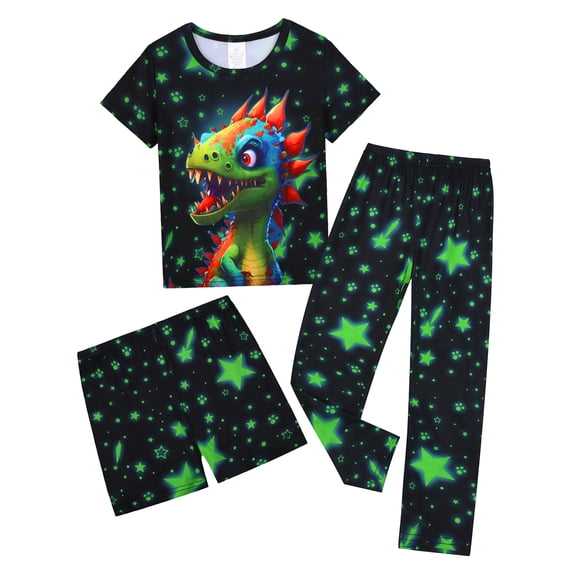 WIBACKER 3-12Y Boys Dinosaur 3-piece Pajama Set Tee & Shorts & Pants PJ Kids Comfy Sleepwear Jammies Set Summer