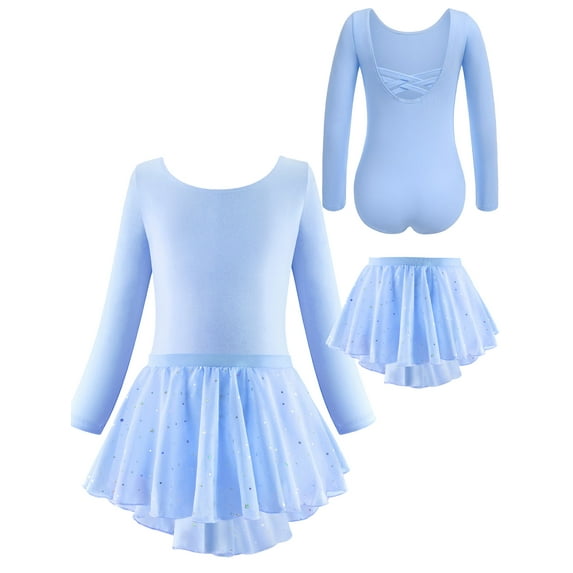 WIBACKER 3-12Y Girls Ballet Leotards Toddler Long Sleeve Crisscross Back Dance Dress Outfit with Removable Shiny Skirt Combo