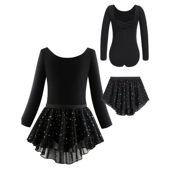 WIBACKER 3-12Y Girls Ballet Leotards Toddler Long Sleeve Crisscross Back Dance Dress Outfit with Removable Shiny Skirt Combo