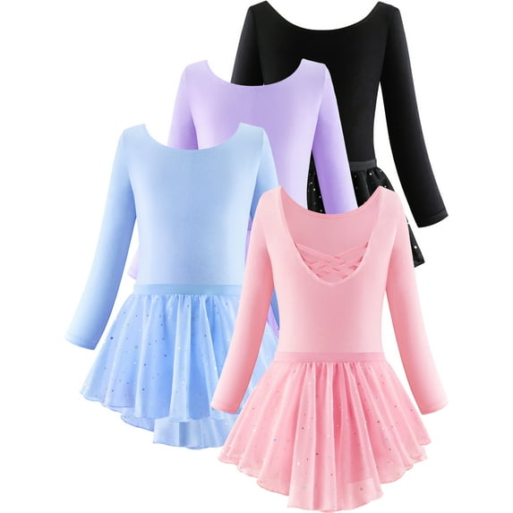 WIBACKER 3-12Y Girls Ballet Leotards Toddler Long Sleeve Crisscross Back Dance Dress Outfit with Removable Shiny Skirt Combo