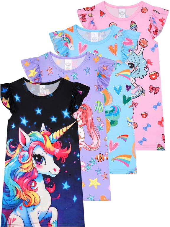 3-12Y Girls Flutter Sleeve Unicorn Nightgown 1PCS Soft Kids Nightdress Pajamas for Toddler to Big Girl Nightie Dress