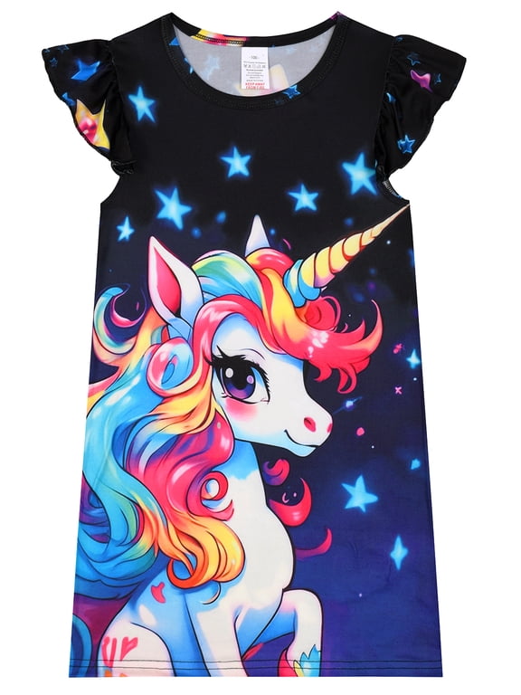 3-12Y Girls Flutter Sleeve Unicorn Nightgown Soft Kids Nightdress Pajamas for Toddler to Big Girl Nightie Dress
