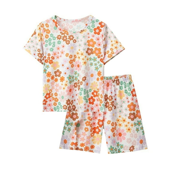 WIBACKER 3-12Y Girls Loose Pajamas for Little & Big Girls 2PC Set Thin Sleepwear Summer Short Sleeve Jammies - Flowers