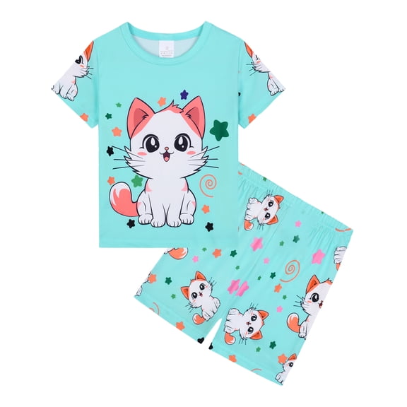 WIBACKER 3-12Y Girls Pajamas Set Kids Cat Sleepwear 2 PCS Short Sleeve Top and Shorts Pants for Toddler Girls Summer Jammies
