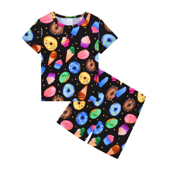 WIBACKER 3-12Y Girls Pajamas Set Kids Donuts Sleepwear 2 PCS Short Sleeve Top and Shorts Pants for Toddler Girls Summer Jammies