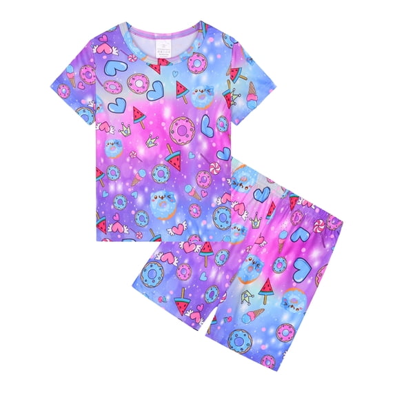 WIBACKER 3-12Y Girls Pajamas Set Kids Ice Cream Sleepwear 2 PCS Short Sleeve Top and Shorts Pants for Toddler Girls Summer Jammies