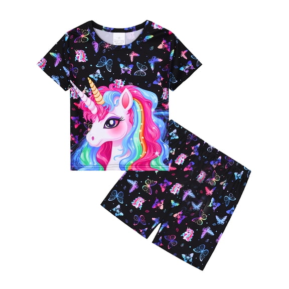 WIBACKER 3-12Y Girls Pajamas Set Kids Unicorn Sleepwear 2 PCS Short Sleeve Top and Shorts Pants for Toddler Girls Summer Jammies