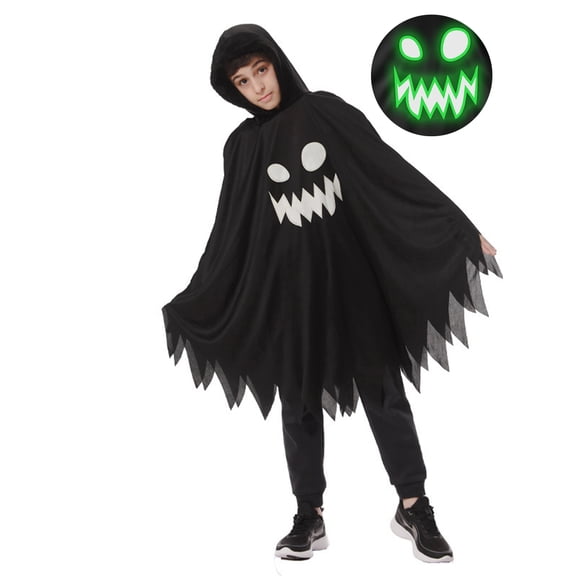 WIBACKER 3-12Y Halloween Kids Glow-in-the-Dark Ghost Costume, Boo Hooded Cloak with Scary Face, Dress Up Cosplay Cape