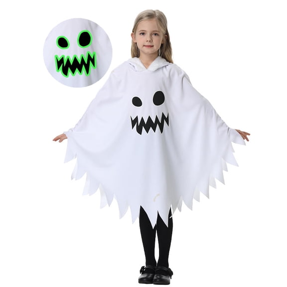 WIBACKER 3-12Y Halloween Kids Glow-in-the-Dark Ghost Costume, Boo Hooded Cloak with Scary Face, Dress Up Cosplay Cape