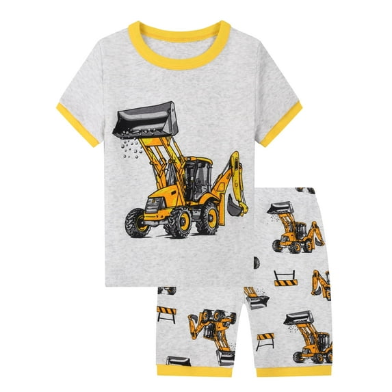WIBACKER 3-12Y Little Boys 2-Piece Excavator Pajamas 100% Cotton Sleepwear Sets