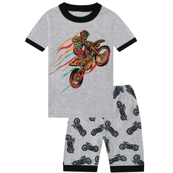 WIBACKER 3-12Y Toddler Boys Gray 2-Piece Motorcyclists Pajamas 100% Cotton Sleepwear Sets