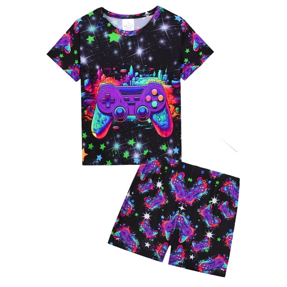 WIBACKER 3-12Years Kids Boys 2-Piece Pajamas 3D Games Console Short Sleeve Cool Summer PJ Set Toddler Sleepwear