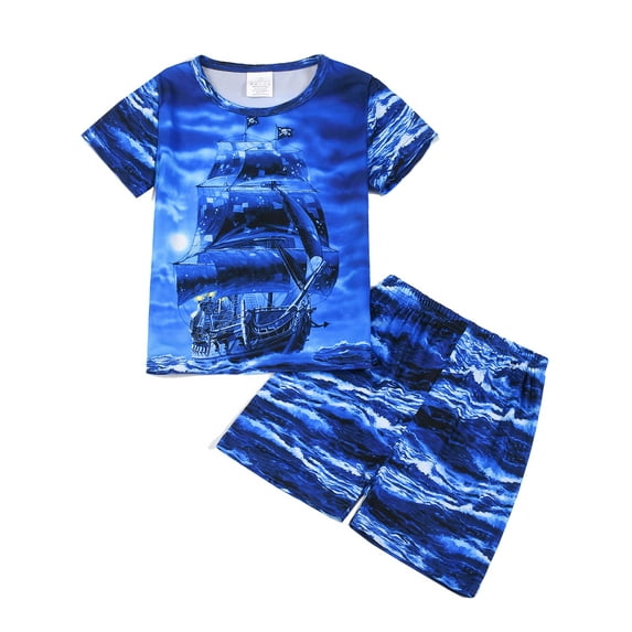WIBACKER 3-12Years Kids Boys 2-Piece Pajamas 3D Pirate Ship Short Sleeve Cool Summer PJ Set Toddler Sleepwear