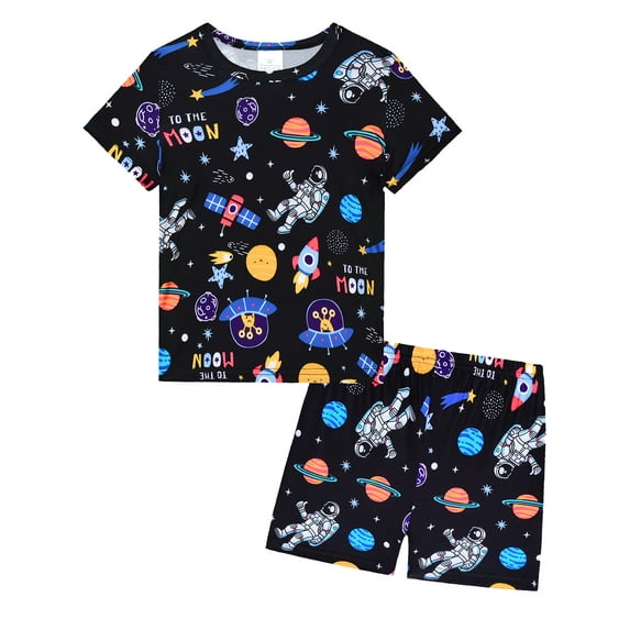 WIBACKER 3-12Years Kids Boys 2-Piece Pajamas Planet Astronaut Short Sleeve Cool Summer PJ Set Toddler Sleepwear